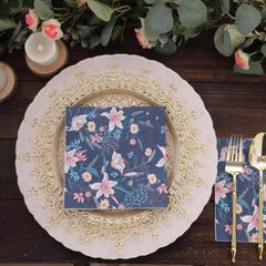 50-Pack Paper Beverage Napkins with Water Lily Floral Design Navy Blue - 2 Ply Soft 18GSM Wedding Napkins 6.5"x6.5"