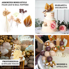 25-Pack Cake Toppers Gold Boho Style Palm Leaf and Flower Ball Design - Coffee Ball Cake Decoration Set Assorted