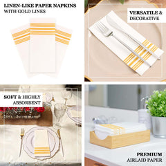 20-Pack Paper Guest Towels White Linen-Like with Gold Lines - Disposable Airlaid Napkins for Formal and Casual Use 8"x4"