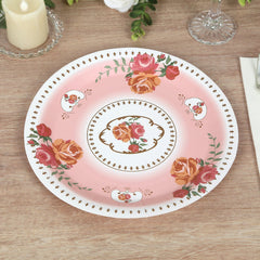 25-Pack Paper 9" Round Dinner Plates in Dusty Rose with Vintage Rose Flower Print - Disposable Plates