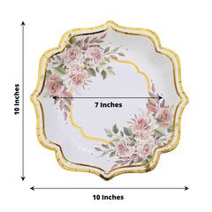25-Pack Paper 10" Dinner Plates in White with Floral Print & Gold Scallop Rim - Disposable 300GSM Party Plates for Cocktail Events & Receptions