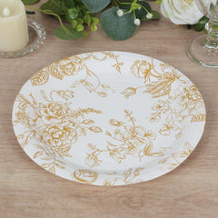 25-Pack Paper 9" Round Dinner Plates in White with Gold French Toile Pattern - Disposable Floral Party Plates for Stylish Events