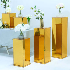 Set of 5 Gold Mirror Finish Acrylic Display Boxes, Pedestal Risers with Interchangeable Lid and Base - 12",16",24",32",40"