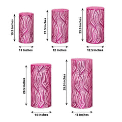 Set of 5 Fuchsia Wave Mesh Cylinder Pedestal Stand Covers with Embroidered Sequins, Pillar Prop Covers - 160 GSM