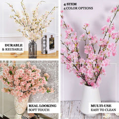 4 Bushes 40" Tall Pink Artificial Silk Cherry Blossom Flowers, Branches
