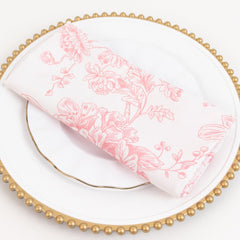 5 Pack 20"x20" Pink French Toile Polyester Cloth Napkins, White Floral Reusable Dinner Table Linens