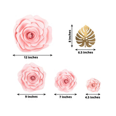 Set of 9 Pink 3D Rose Paper Flowers with Gold Tropical Palm Leaves, Party Flower Backdrop Hanging Wall Decor