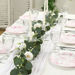 25-Pack Paper 9" Round Dinner Plates in White with Matte Pink French Toile Pattern - Disposable Floral Party Plates