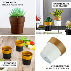 3-Pack Flower Plant Pots Small Design White with Gold Rim - Plastic Indoor Decorative Planters 3"