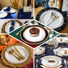 10-Pack Plastic 8" Round Dessert Plates in White with Royal Blue Rim - Stylish Gold Vine Design Disposable Salad/Appetizer Plates for Special Occasions & Celebrations