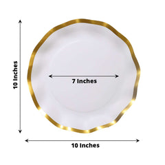 25-Pack Paper Round Dinner Plates 10" Matte White with Gold Wavy Rim - Disposable 350GSM Party Plates for Banquets & Upscale Gatherings