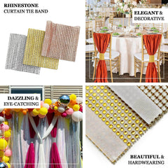 4 Pack Gold Rhinestone Mesh Velcro Backdrop Curtain Bands, Large Chair Sash Clip Tie Backs - 5"X10"