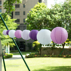 Set of 8 Mixed Purple White Hanging Paper Lanterns, Decorative Round Chinese Sky Lanterns, Assorted Sizes - 6",8",10",14"