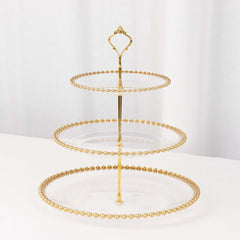 3-Tier Plastic Round Cupcake Tower Stand Clear - Versatile Dessert Display Tea Party Serving Platter with Gold Beaded Rim & Top Handle 14"