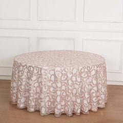 Tulle 120" Round Tablecloth Rose Gold - Seamless Sequin Leaf Embroidered Table Cover