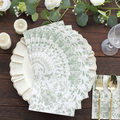 20-Pack Paper Cocktail Napkins with French Toile Print White/Sage Green - Disposable 2 Ply Beverage Napkins for Events 5"x5"