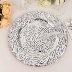 6-Pack Acrylic Round Charger Plates 13" in Metallic Silver with Rock Cut Design, Durable Plastic Dinner Charger Tableware