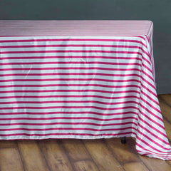 Satin 60"x126" Rectangle Tablecloth White/Fuchsia - Stripe Design with Smooth Finish Table Cover