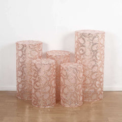 Set of 5 Rose Gold Sequin Mesh Cylinder Pedestal Stand Covers with Leaf Vine Embroidery, Sparkly Sheer Tulle Pillar Prop Covers