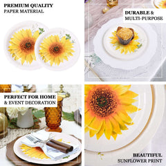 25-Pack Paper 9" Round Dinner Plates in White with Sunflower Design - Disposable Party Plates for Rustic Events & Garden Themes