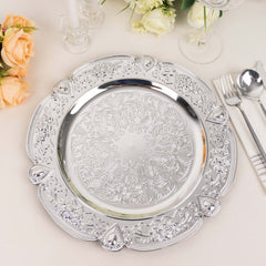 6-Pack Acrylic Round Charger Plates 13" in Silver Floral Embossed with Scalloped Rim, Plastic Decorative Charger Tableware