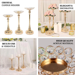 Set of 3 Metal Votive Candle Holders Crystal Beaded Design Gold - Tea Light Centerpieces 11", 13", 15"