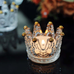 6-Pack Glass Crown Votive Candle Holders Clear Crystal Design with Gold Beaded Tips - Tea Light Holders 3"x2"