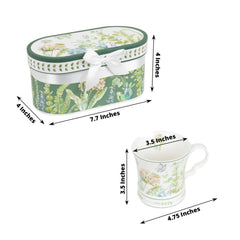Greenery Theme Bridal Shower Gift Set, 2 Pack Porcelain Tea Cups With Matching Keepsake Gift Box and Satin Ribbon Handle