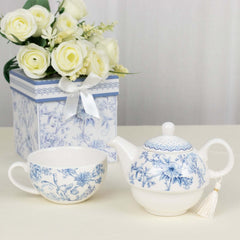 White Blue French Toile Bridal Shower Gift Set, Porcelain Teapot and Cup Set with Matching Keepsake Gift Box
