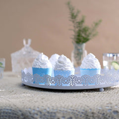 Metal Round Serving Tray 12" in White with Embellished Rims, Stylish Decorative Vanity Tray Centerpiece