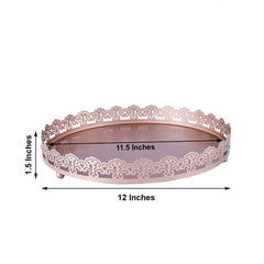 Metal Round Serving Tray 12" in Rose Gold with Embellished Rims, Stylish Decorative Vanity Tray Centerpiece