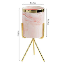 Ceramic Planter Gold Rimmed Pink Marble Design with Gold Metal Stand - Decorative Vase 8"
