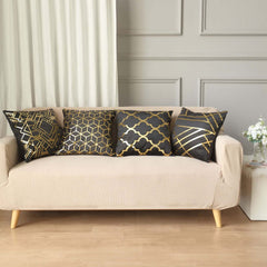 Set Of 4 18" Black Gold Foil Geometric Print Throw Pillow Covers, Velvet Square Sofa Cushion Covers