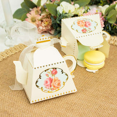 25 Pack 4" Ivory Mini Teapot Favor Boxes, Vintage Rose Gift Boxes with Ribbons