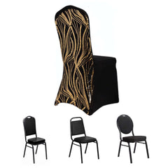Spandex Chair Cover with Wave Embroidered Sequins for Banquet Chairs Black/Gold - Glittering Stretch Fitted Slipcover