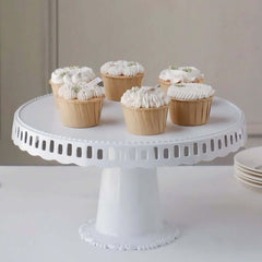 4-Pack Plastic Round Pedestal Cake Stands White - Reusable Cupcake Pastry Display Risers with Hollow Ribbon Trim Edges for Stylish Dessert Presentation 13"