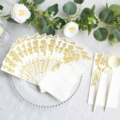 50-Pack Paper Napkins White with Gold Baroque Floral Print - Stylish Disposable Dinner Napkins 8"x4"