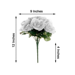 12" Silver Artificial Velvet-Like Fabric Rose Flower Bouquet Bush