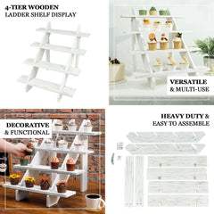 4-Tier Wooden Ladder Shelf Whitewashed Rustic Design - Cascading Stair Step Dessert Display Cupcake Holder 21"