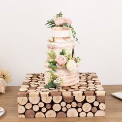 Wooden Cake Stand 18"x18" Square Design Rustic Natural Slices - Farmhouse Display Box Pedestal Riser