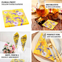 50-Pack Paper Beverage Napkins with Blooming Flowers Design Yellow - 2 Ply Soft 18GSM Floral Wedding Napkins 6.5"x6.5"