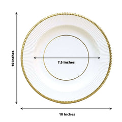 25-Pack Paper 10" Round Dinner Plates in White Sunray Design with Gold Rim - Disposable Heavy Duty 350GSM Party Plates