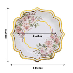 25-Pack Paper 8" Dessert Plates in White with Floral Print & Gold Scallop Rim - Disposable 300GSM Appetizer Salad Plates for Cocktail Events & Receptions