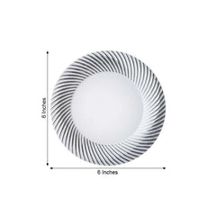 10-Pack Plastic Dessert Plates White/Silver Swirl Rim - Disposable Plates for Appetizers 6"