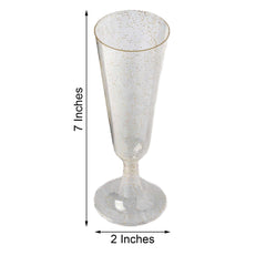 12-Pack Plastic Champagne Glasses Gold Glittered Short Stem - Stylish Disposable Flutes with Detachable Base for Toasts 5oz