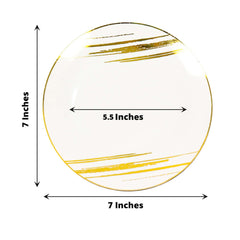 10-Pack Plastic 7" Round Dessert Plates in White with Gold Brush Stroked Print - Disposable Appetizer Salad Plates