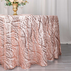 Sequin Mesh 120" Round Tablecloth Rose Gold - Seamless Wave Embroidered Table Cover