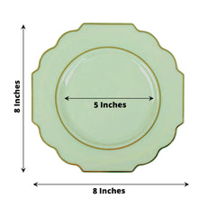10-Pack Plastic Dessert Appetizer Plates in Sage Green Baroque Design with Scalloped Gold Rim - Heavy Duty Disposable Salad Plates 8"