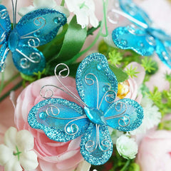 12 Pack 2" Turquoise Diamond Studded Wired Organza Butterflies