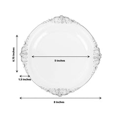 10-Pack Plastic 8" Round Dessert Plates in Clear with Silver Leaf Embossed Rim - Disposable Vintage Baroque Style Salad Plates